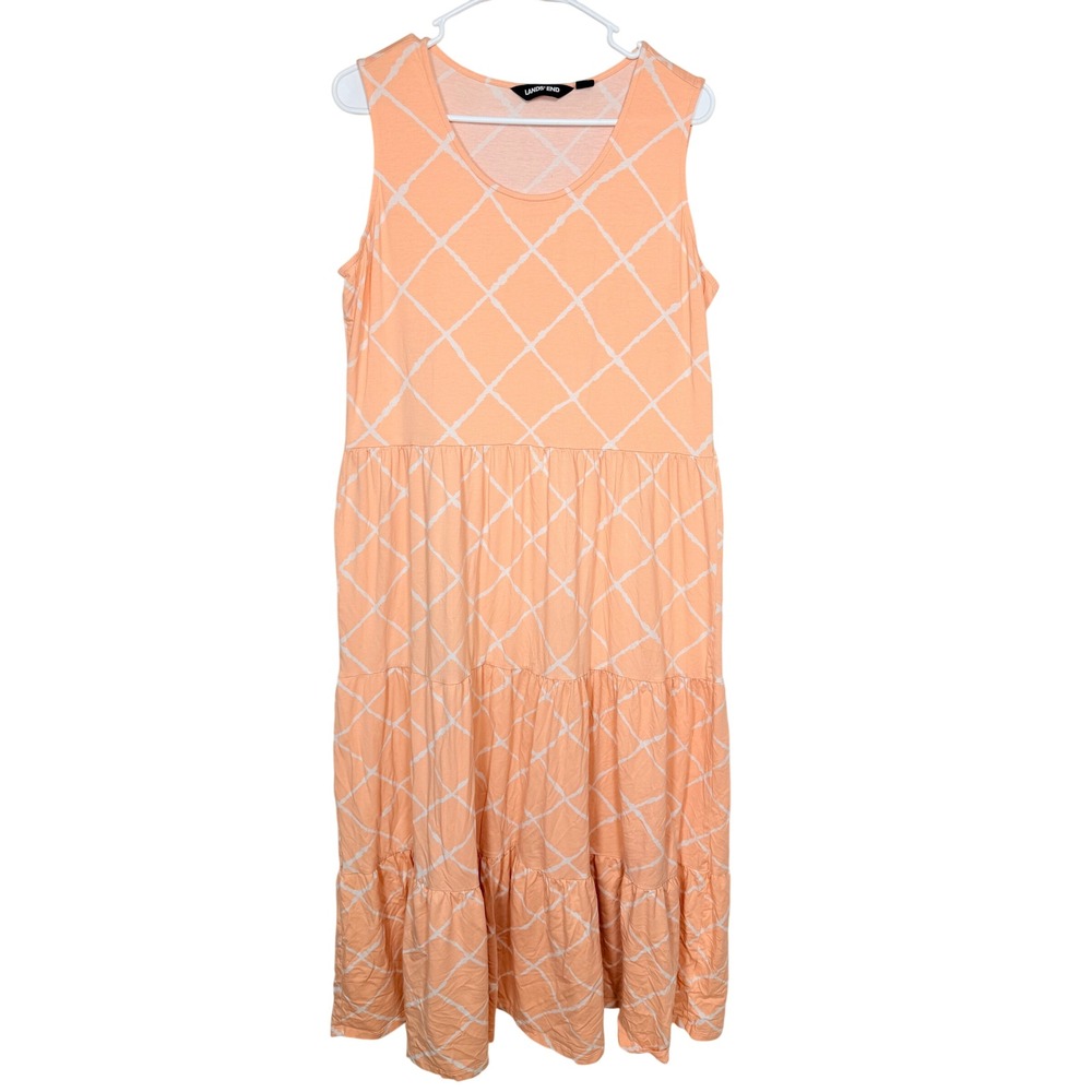 Lands' End Women Dress L/P 14-16 Orange Lattice Tiered Sleeveless Knit Midi